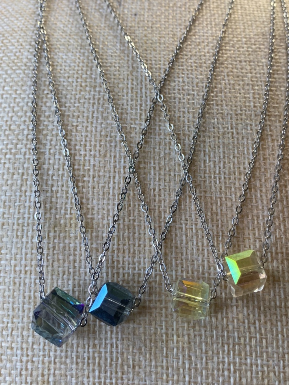 4/ Sterling Silver Cube Crystal Pendant Necklaces - Iridescent